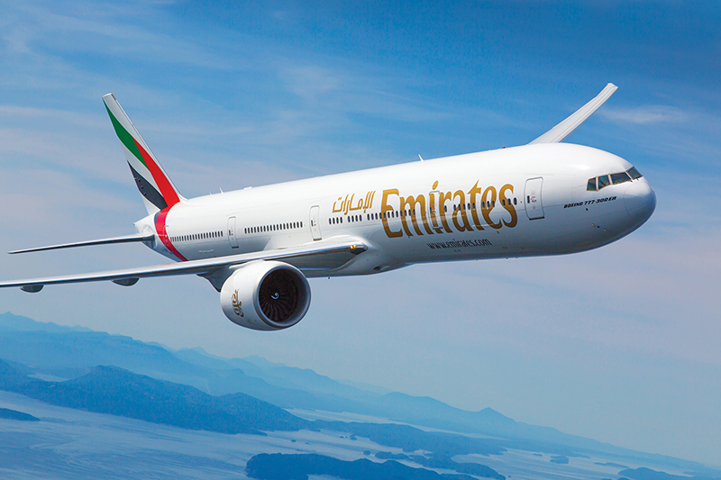 Emirates Boeing 777-300ER photographed on August 17, 2015 from Wolfe Air Aviation's Lear 25B.